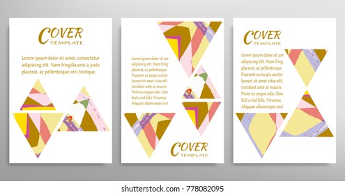 Vector abstract background set with triangle elements, grunge texture. Book booklet cover a4, art template design, list, front page, banner, flyer. Mockup brochure theme style, blank, card, sheet