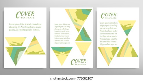 Vector abstract background set with triangle elements, grunge texture. Book booklet cover a4, art template design, list, front page, banner, flyer. Mockup brochure theme style, blank, card, sheet