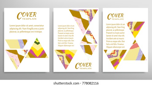Vector abstract background set with triangle elements, grunge texture. Book booklet cover a4, art template design, list, front page, banner, flyer. Mockup brochure theme style, blank, card, sheet