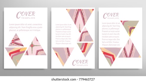 Vector abstract background set with triangle elements, grunge texture. Book booklet cover a4, art template design, list, front page, banner, flyer. Mockup brochure theme style, blank, card, sheet