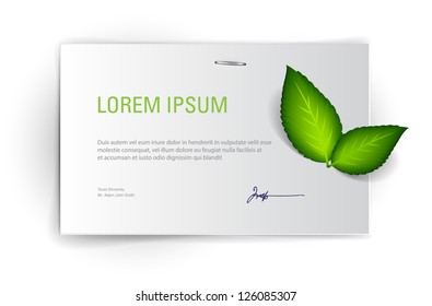 Vector abstract background: a sheet of white note paper / letter with green leaves