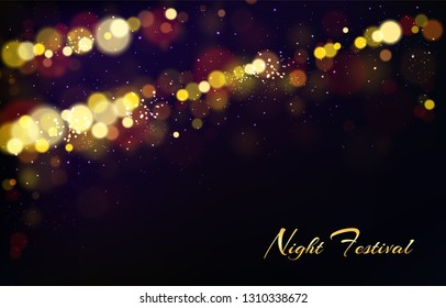Vector abstract background with shining elements, bright lights for night festival, bokeh effect. Golden stars on dark backdrop, glowing or explosion. Realistic sparkles, glitter or illuminated dust.