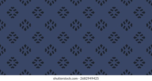 Vector abstract background. Simple geometric floral seamless pattern with flower silhouettes, diamond shapes, leaves. Retro-inspired texture. Subtle dark blue repeating geo design for print, textile