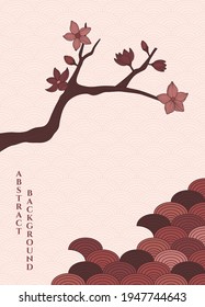 vector abstract background with simple japanese pattern and stylized sakura branch in orange colours