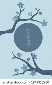 vector abstract background with simple japanese pattern and stylized sakura branches in blue colours