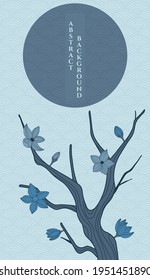 vector abstract background with simple japanese pattern and stylized sakura branch in blue colours