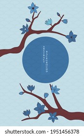 vector abstract background with simple japanese pattern and stylized sakura branches in bright blue and orange colours
