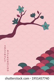 vector abstract background with simple japanese pattern and stylized sakura branch in pink and green colours, main colour is pink