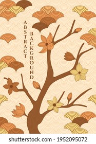 vector abstract background with simple japanese pattern and stylized sakura branch in yellow colours