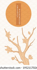 vector abstract background with simple japanese pattern and stylized sakura branch in light gold colours