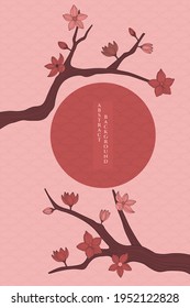 vector abstract background with simple japanese pattern and stylized sakura branches in brown and orange colours
