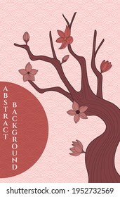 vector abstract background with simple japanese pattern and stylized sakura branch in brown and orange colours