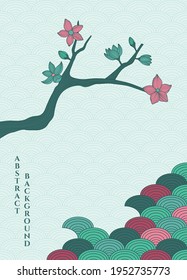 fondo abstracto vectorial con un sencillo patrón japonés y ramas estilizadas de sakura en colores verde y rosa, el color principal es verde