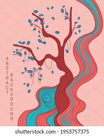 vector abstract background with simple japanese pattern and stylized sakura tree on orange and blue colours