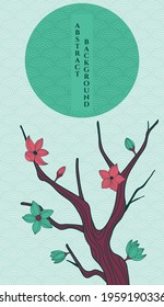 vector abstract background with simple japanese pattern and stylized sakura branch in pink and green colours, main colour is green