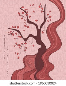 fondo abstracto vectorial con un sencillo patrón japonés y un estilizado árbol sakura en colores naranja y marrón.
