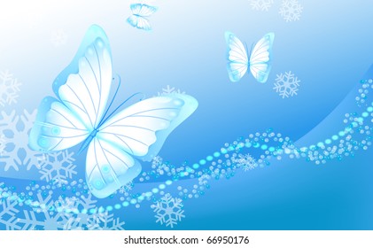 Vector abstract background with snowflakes and to butterflies