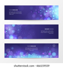 Vector abstract background with sparkling magic blue light. Set of horizontal banners with bright glow spark and bokeh effect.
