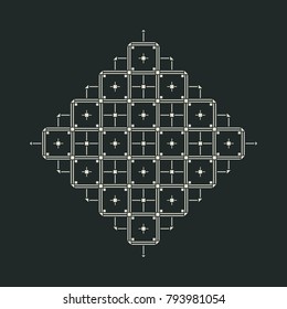 Vector abstract background with squares crosses and lines. Modern simple elegant geometric abstraction on dark green flat background.