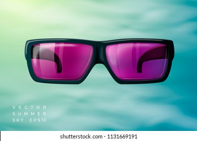 Vector abstract background - sunglasses in summer sky with soft clouds and bright sun. With place for your text.