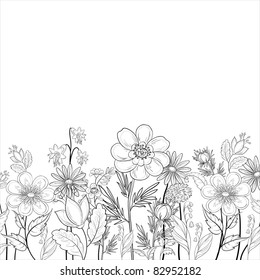 Vector, abstract background with a symbolical flowers, monochrome contours