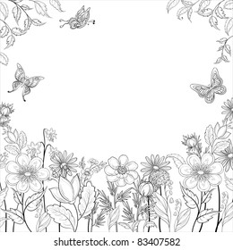 Vector, abstract background with a symbolical flowers, monochrome contours