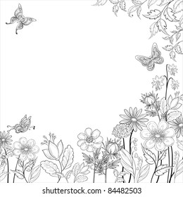 Vector, abstract background with a symbolical flowers and butterflies, monochrome contours