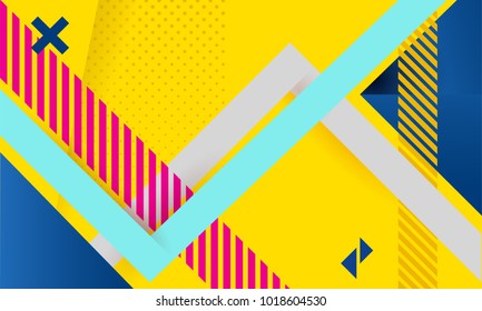 	
Vector abstract background texture design, bright poster, banner yellow background, pink and blue stripes and shapes.