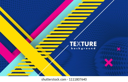 	
Vector abstract background texture design, bright poster, banner dark blue background, pink, blue and yellow stripes and shapes. Slide for presentation, poster, material design, hipster style.