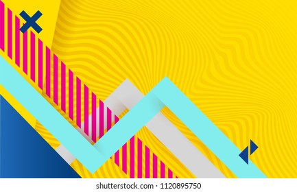 Vector abstract background texture design, bright poster, banner yellow lines of illusion background pink and blue stripes and shapes.