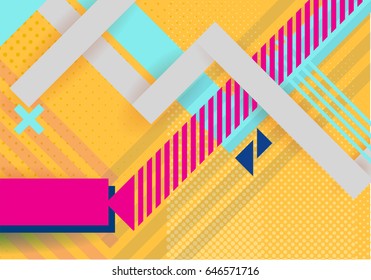 Vector abstract background texture design, bright poster, banner yellow background, pink and blue stripes and shapes. Hipster style.