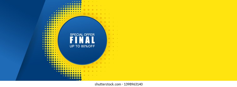 Vector abstract background texture  Sale banner template design, bright poster. Big sale special offer. banner yellow background, yellow and blue halftone and shapes.