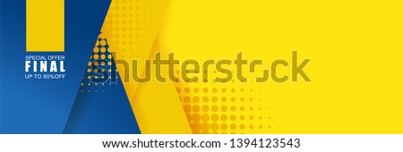 Vector abstract background texture  Sale banner template design, bright poster. Big sale special offer. banner yellow background, pink and blue stripes and shapes.