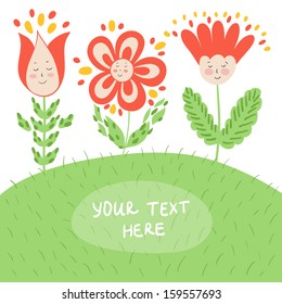 Vector abstract background with three funny flowers on the field