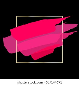 Vector abstract background. Transparent brush strokes and square linear golden on black background. 