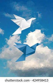 vector abstract background with two paper birds in cloudy sky