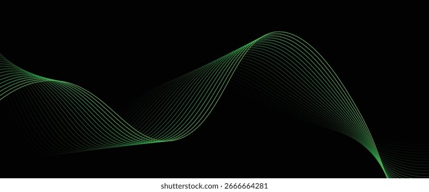Vektorabstrakter Hintergrund mit leuchtend grünen Wellenlinien auf schwarzem Hintergrund - modernes digitales Design