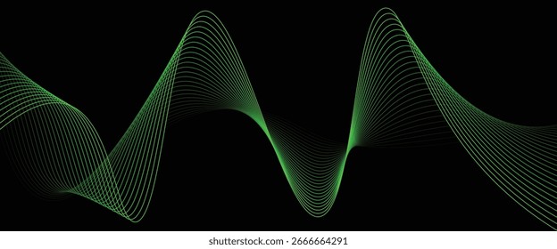Vector Abstract Background with Vibrant Green Wavy Flowing Light Lines on Black Backdrop – Modern Digital Design