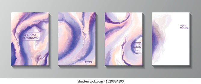 Vector abstract background in violet  color splashes. Fluid marble texture set. Set of  A5 cards for print and web design. eps