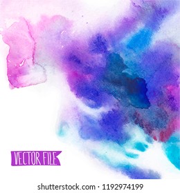 Vector abstract background. Watercolor splash has drawn manually blue, lilac tones.The place for the text. The abstract watercolor background painted manually. A watercolor spot in a vector. 
