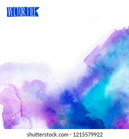 Vector abstract background. Watercolor splash has drawn manually blue, lilac tones.The place for the text. The abstract watercolor background painted manually. A watercolor spot in a vector. 