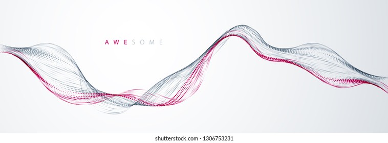 Vector abstract background with wave of flowing particles, smooth curve shape lines, particle array flow. 3d shape dots blended mesh, future technology relaxing wallpaper.