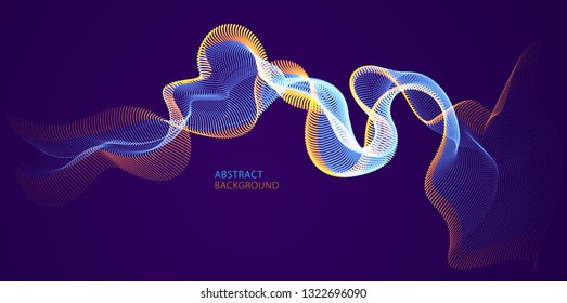 Vector abstract background with wave of flowing particles over dark, smooth curve shape lines, particle array flow. 3d shape glowing dots blended mesh, technology relaxing wallpaper.