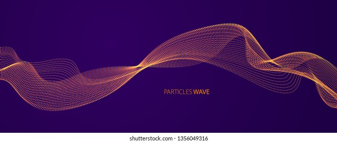 Vector abstract background with wave of flowing particles over dark, smooth curve shape lines, particle array flow. 3d shape glowing dots blended mesh, technology relaxing wallpaper.