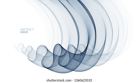 Vector abstract background with wave of flowing particles, smooth curve shape lines, transparent tulle textile on wind. 3d shape dots magic blended mesh.