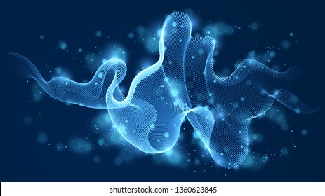 Vector abstract background with wave of flowing particles over dark, smooth curve shape lines, particle array flow. 3d shape glowing dots blended mesh, technology relaxing wallpaper. - Shutterstock ID 1360623845