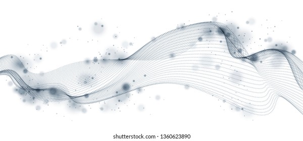 Vector abstract background with wave of flowing particles, smooth curve shape lines, particle array flow. 3d shape dots blended mesh, future technology relaxing wallpaper.