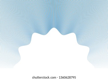 Vector abstract background with wave of flowing particles frame, smooth curve shape lines, particle array flow. 3d shape dots blended mesh, future technology useful border.