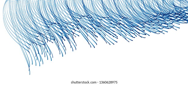 Vector abstract background with wave of flowing particles, smooth curve shape lines, transparent tulle textile on wind. 3d shape dots magic blended mesh.