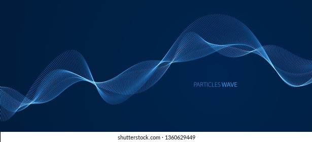 Vector Abstract Background With Wave Of Flowing Particles Over Dark, Smooth Curve Shape Lines, Particle Array Flow. 3d Shape Glowing Dots Blended Mesh, Technology Relaxing Wallpaper.